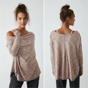 Free People Waffle Brushed Knit Sweater Orange and Teal Blue with Button Sleeves